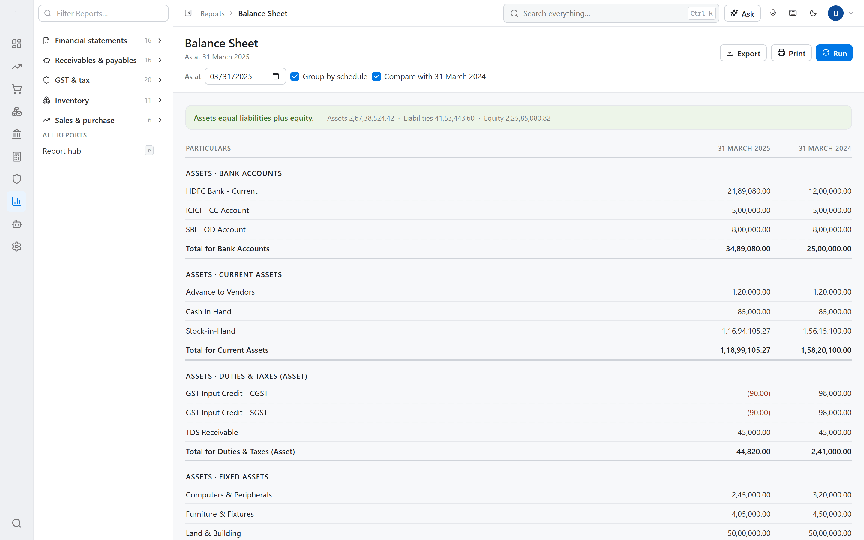 Balance sheet in RapidLedger showing this year against last year, with assets equal to liabilities plus equity
