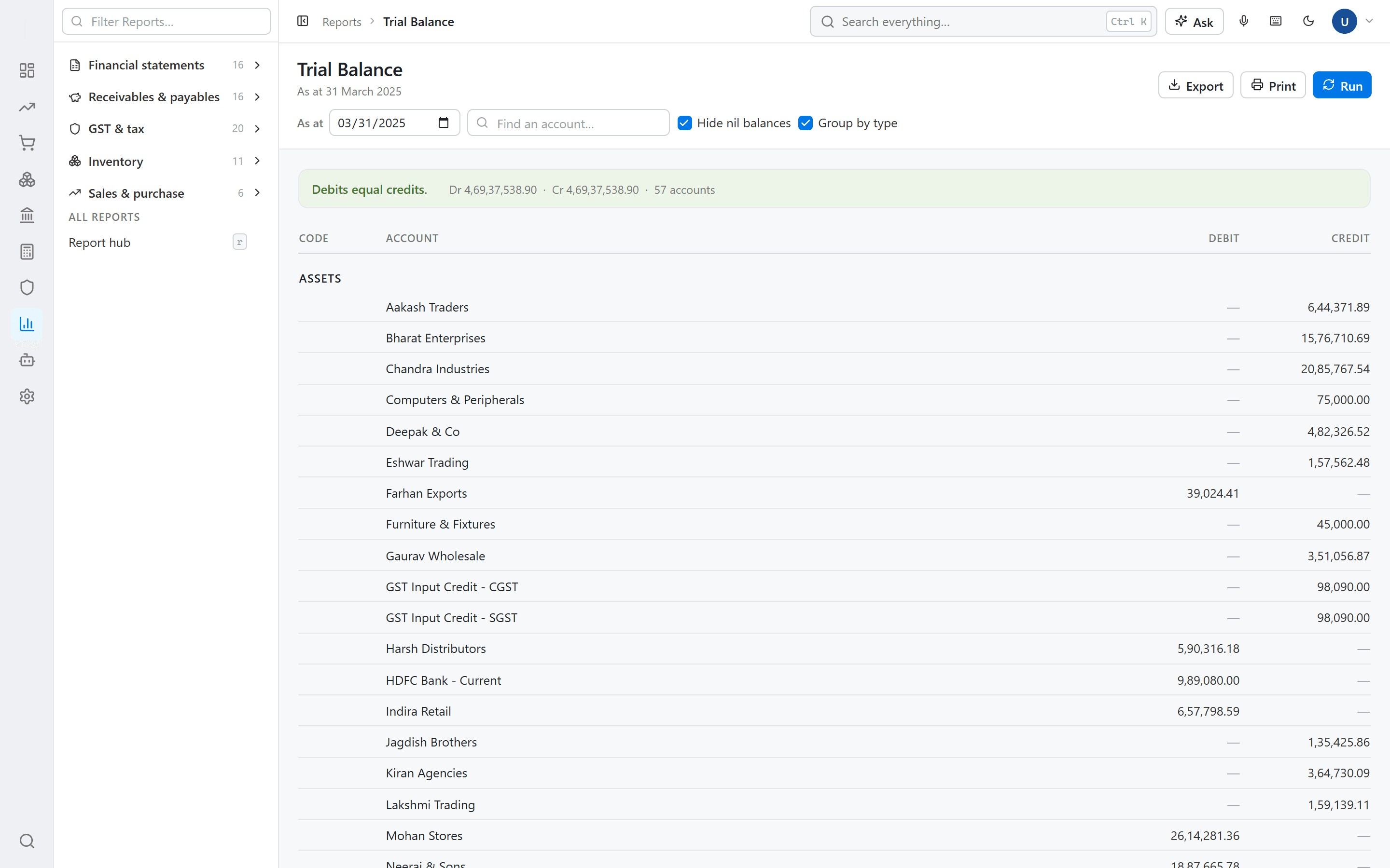 Trial balance in RapidLedger grouped by account type
